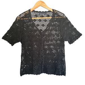 Vtg Laura Scott Crochet Cardigan Women L Black Floral‎ Whimsigoth Dark Cottage